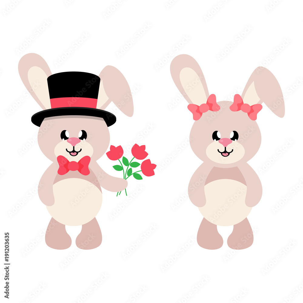 cartoon cute bunny in hat and tie and flowers with bunny girl set cartoon cute bunny in hat and tie and flowers with bunny girl set