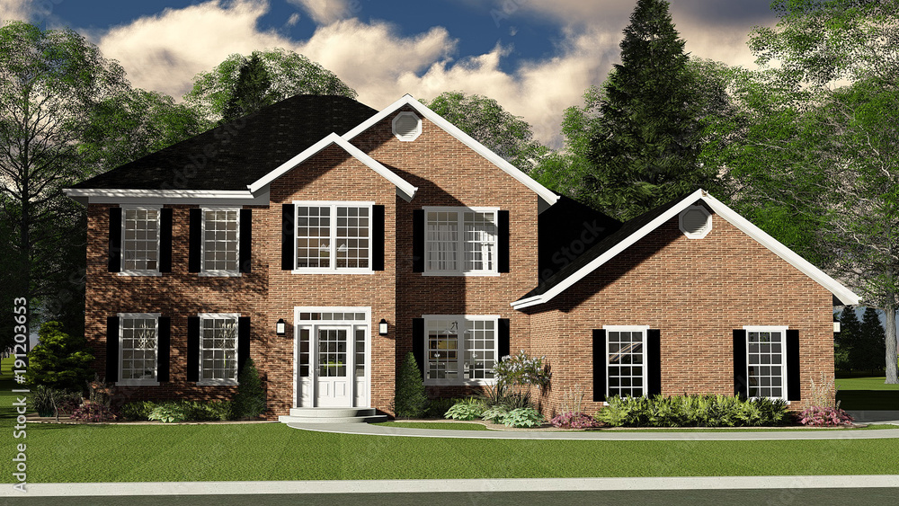 3D Illustration of Two Story Brick Home 3D Illustration of Two Story Brick Home