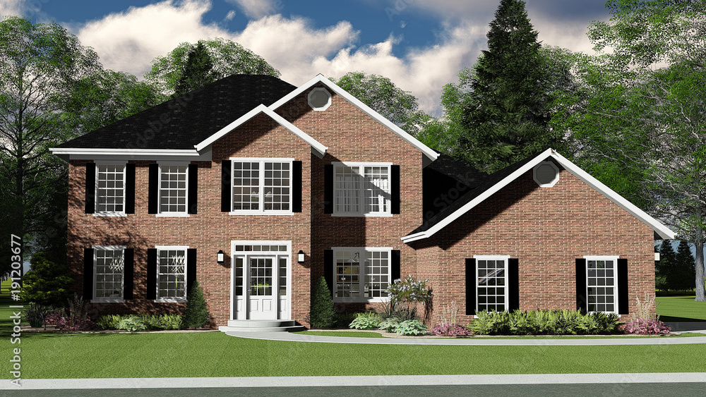 3D Illustration of Two Story Brick Home 3D Illustration of Two Story Brick Home
