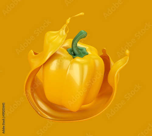 Beautiful  abstract yellow background with pepper and a splash of juice. 3d illustration  3d rendering.