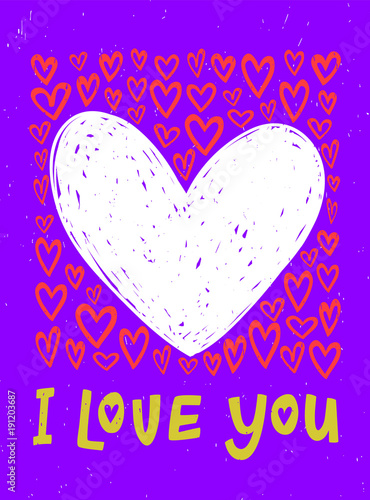 Bright I love you postcard with hearts and I love you inscription. Violet tex...