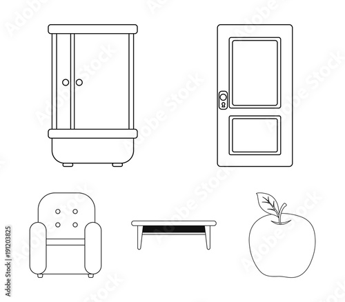 Door, shower, coffee table, armchair.Furniture set collection icons in outline style vector symbol stock illustration web.