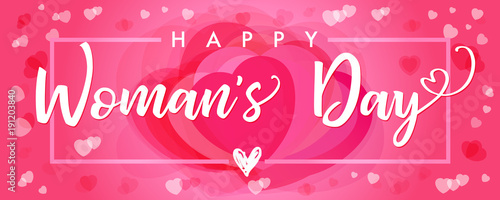 Happy Womens Day elegant lettering pink hearts banner. Invitations for the International Women's Day, 8 March with calligraphy text and heart in frame