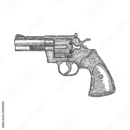 Hand Drawn Vintage Revolver Gun. Firearm, pistol sketch. Vector