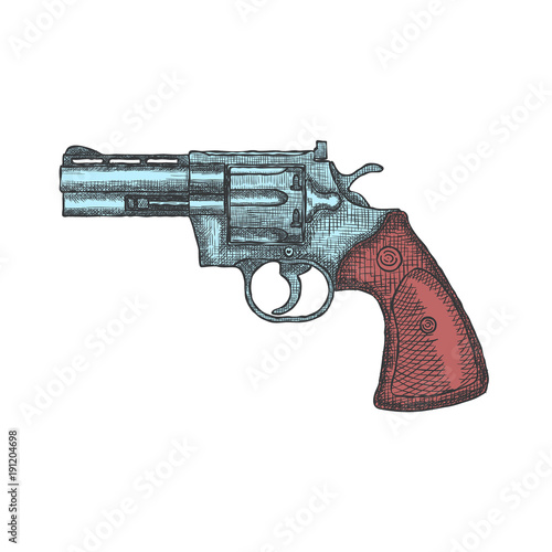 Hand Drawn Vintage Revolver Gun. Firearm, pistol sketch. Vector