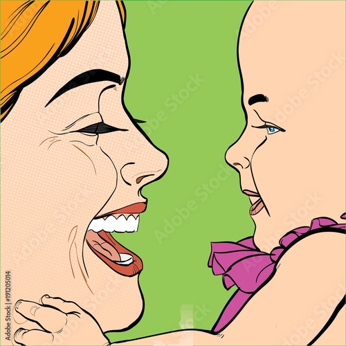 Mom and baby. Young mother with baby. Happy mother with baby. Colorful shiny illustration of a mother playing with her child. Happy Mother's Day celebration.