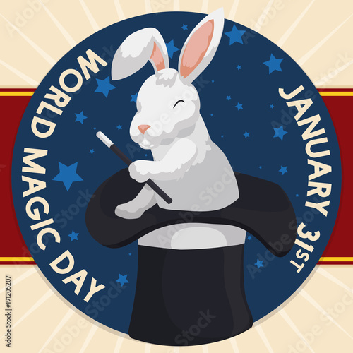 Rabbit with Wand over the Hat in World Magic Day, Vector Illustration