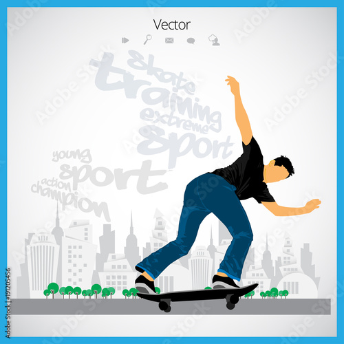 Skateboarder jump, sport background