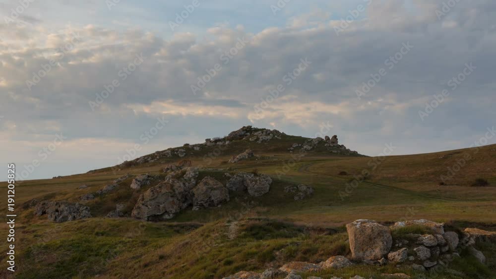 Russia, time lapse. The movement of clouds in the spring in the steppe part of the Crimea peninsula at Cape Opuk. Russia, time lapse. The movement of clouds in the spring in the steppe part of the Crimea peninsula at Cape Opuk.