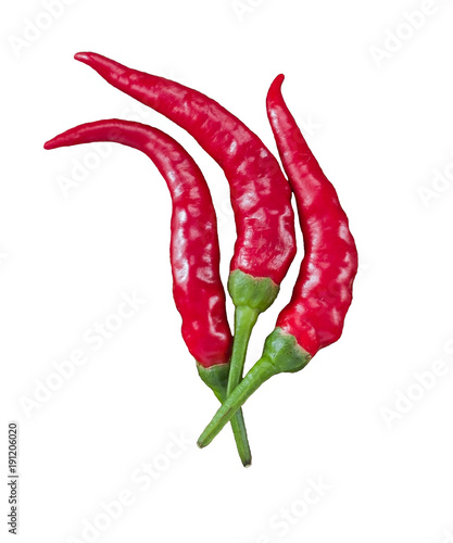 3 beautiful red chili peppers flame-shaped on white background