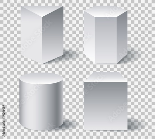 Geometric white 3d shapes. Geometry shape set like cone and cylinder, octahedron and prisma isolated on transparent background, vector illustration