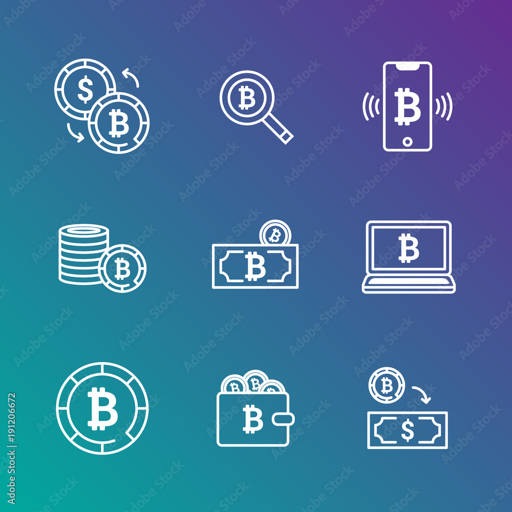 Bitcoin digital money exchange icon set, cryptocurrency system and mining pool. Modern vector icons on gradient Bitcoin digital money exchange icon set, cryptocurrency system and mining pool. Modern vector icons on gradient