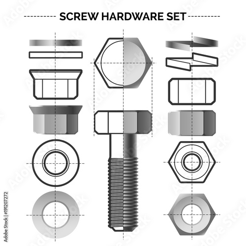 Bolt and nut set. Metal material bolts and steel nuts construction construction drawings vector illustration