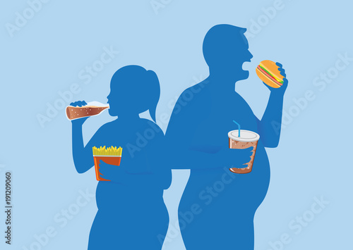 Silhouette of fat people eating fast food. Illustration about keeping body in good shape.