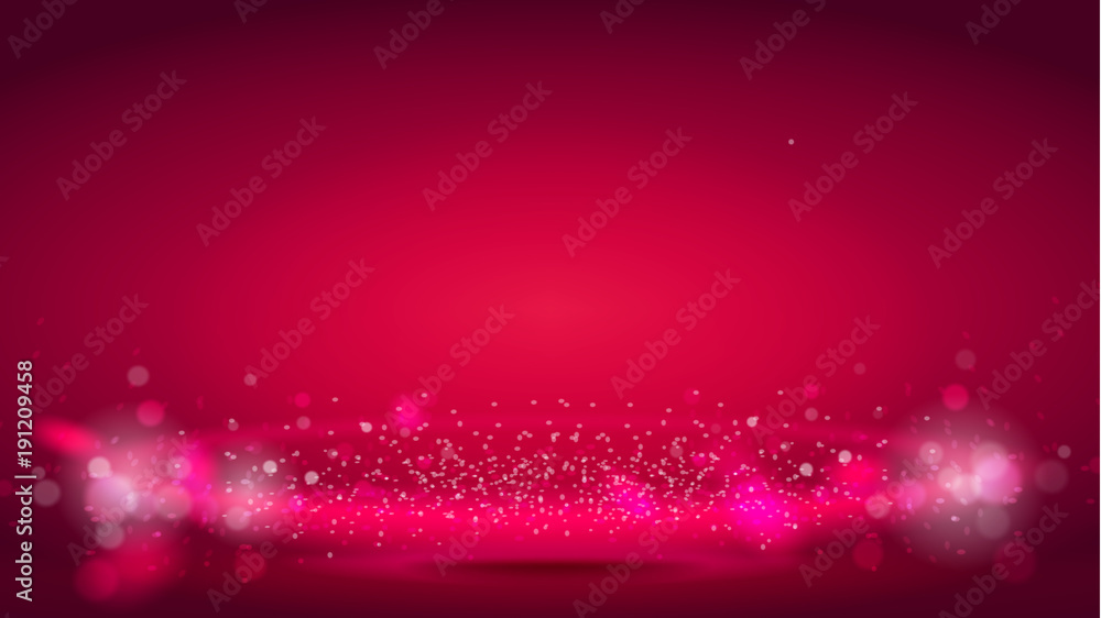 Glow light wave or light aura on red bokeh background. Abstract decorative elements for design uses. Bright radial effect with sparkle. Vector realistic 3d illustration.