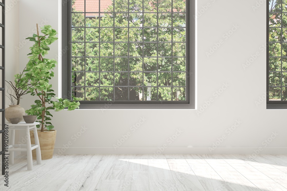 Fototapeta premium White empty room with summer landscape in window. Scandinavian interior design. 3D illustration