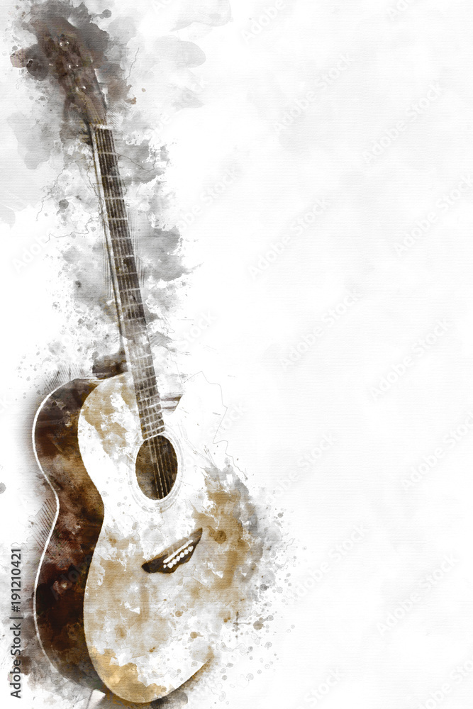 Fototapeta abstrakcjonistyczna piękna gitara na przedpolu na akwarela  obrazu tle i Cyfrowej ilustraci szczotkujemy sztuka. #191210421 - Gitara -  Fototapety | ecowall24.pl