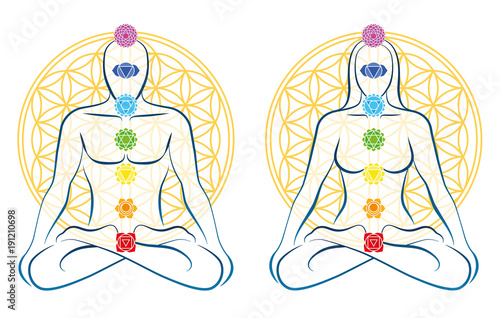 Flower of life. Meditating couple in yoga position. Man and woman each with seven main chakras.