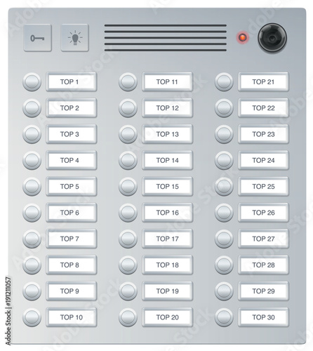 Doorbells. Video intercom system of apartment building with anonymous name plates of unknown residents - isolated vector illustration on white background.