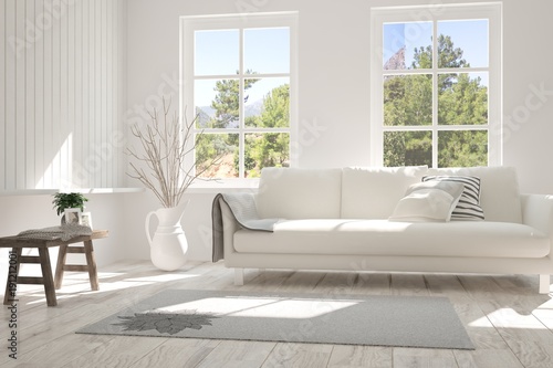 Idea of white room with sofa and summer landscape in window. Scandinavian interior design. 3D illustration