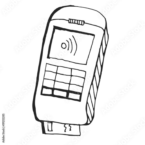 Hand drawn sketch illustration icon of cashless payment terminal with wireless contact isolated on white