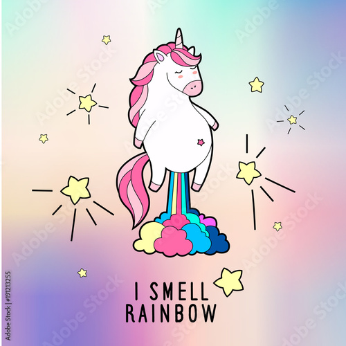 Magic farting unicorn illustration. Holographic back gift card. Vector illustration.