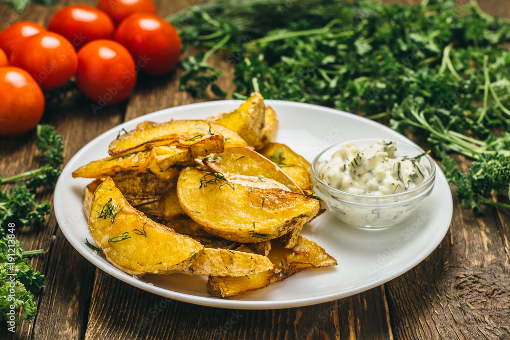 Rustic potatoes with sauce, dill, parsley and tomatoes, on a wooden old table Rustic potatoes with sauce, dill, parsley and tomatoes, on a wooden old table