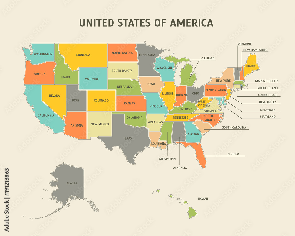 Fototapeta premium Cartoon Colorful USA Map Card Poster. Vector