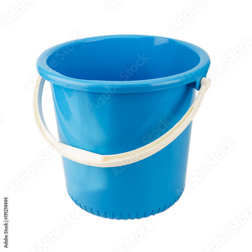 Blue plastic bucket with white handle isolated on white background, Home appliances.