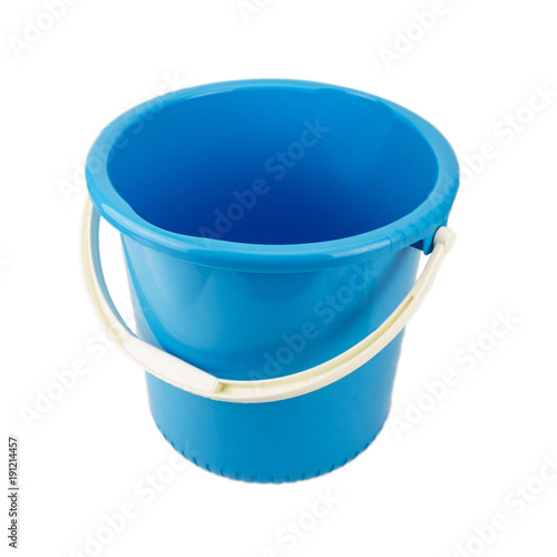 Blue plastic bucket with white handle isolated on white background, Home appliances.
