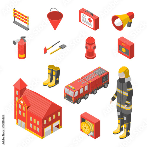 Firefighter Man and Equipment Icons Set Isometric View. Vector