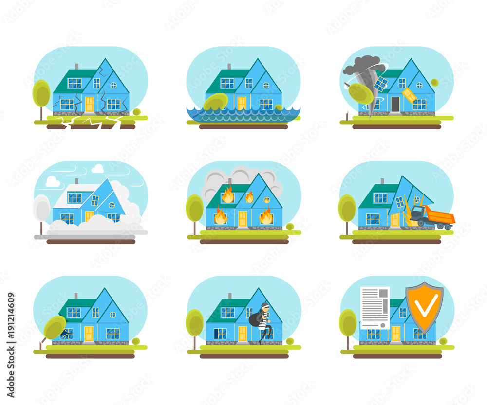 Fototapeta premium Cartoon Color House Insurance Service Icons Set. Vector