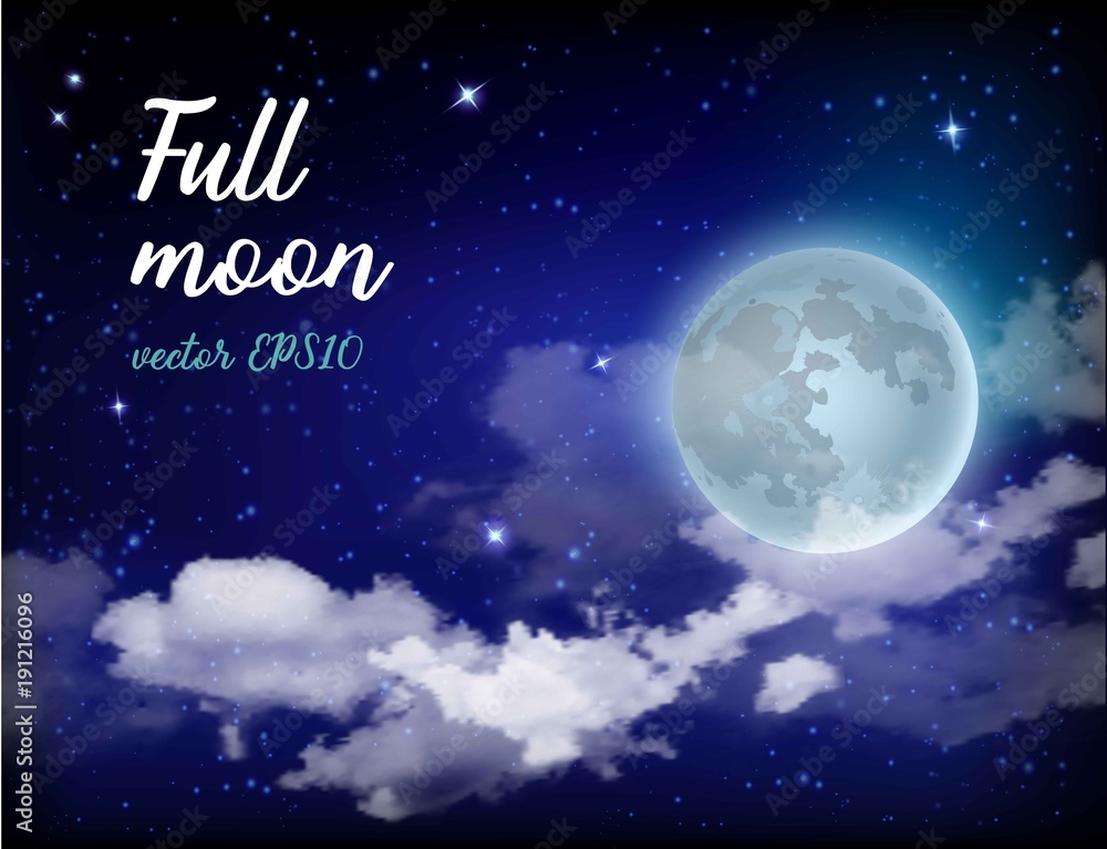 Mystical Sky Full Moon Against the background of the galaxy and Milky Way. Moonlight night. Realistic clouds. Shining Stars on dark blue sky. Vector illustration background. Mystical Sky Full Moon Against the background of the galaxy and Milky Way. Moonlight night. Realistic clouds. Shining Stars on dark blue sky. Vector illustration background.