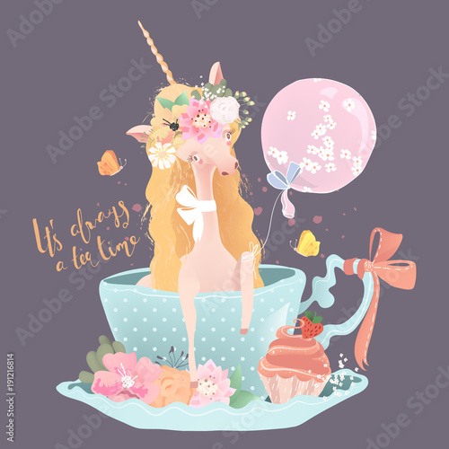 Cute, beautiful unicorn. Princess girl unicorn in floral, flowers wreath, bouquet, butterflies, tied bow and balloon sitting in the porcelain tea cup with cupcake