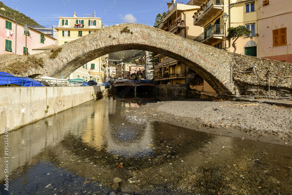 picturesque roman stone bridge in  sea village, Bogliasco, Italy