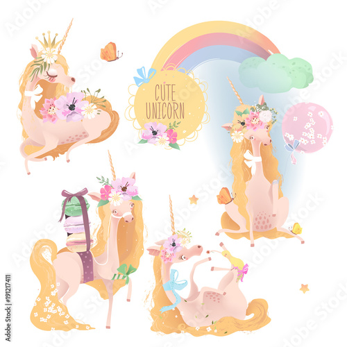 Cute, beautiful unicorn set, collection. Princess girl unicorn with crown, floral bouquet, flowers wreath, balloon, tied bows, hummingbird, macaroons and butterfly © creationsofanna