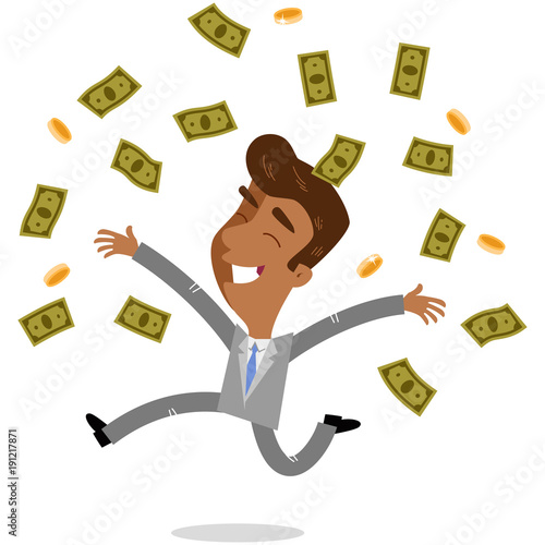 Vector illustration of a happy young asian cartoon businessman jumping and throwing bank notes and coins around