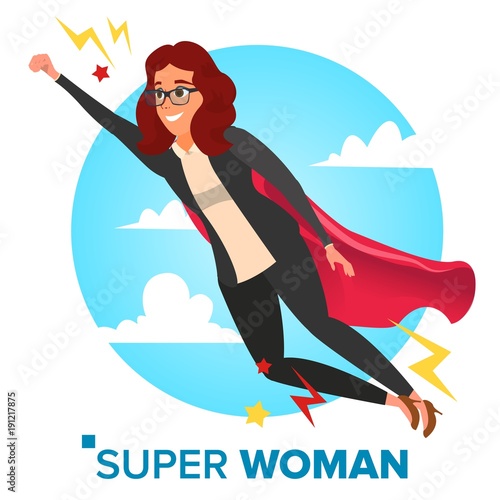 Super Businesswoman Character Vector. Achievement Victory Concept. Successful Superhero Business Woman Flying In Sky. Waving Red Cape. Isolated Flat Cartoon Illustration