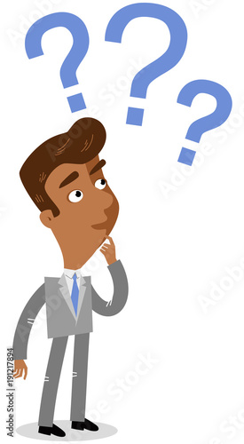 Vector illustration of a clueless asian cartoon businessman looking at three blue question marks next to his head.