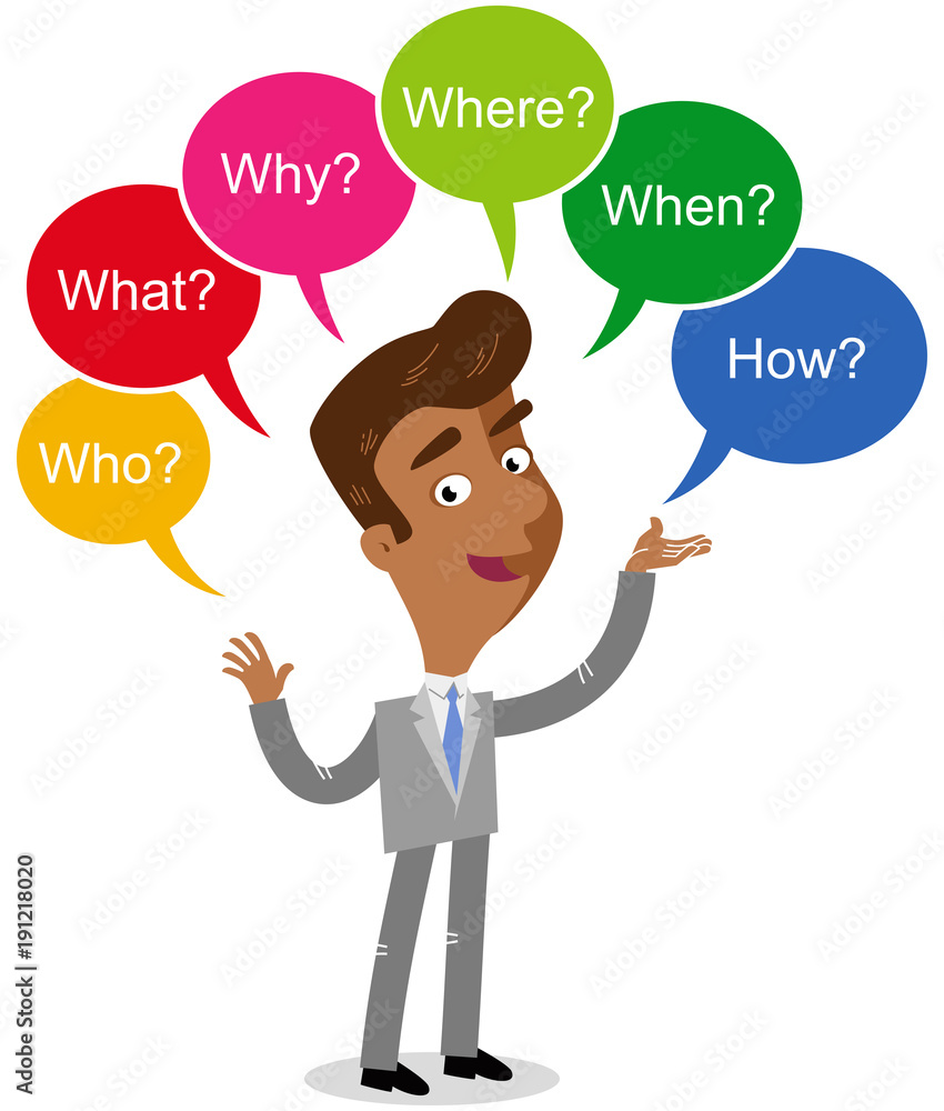 Vector illustration of an asian cartoon businessman with colorful speech bubbles asking who, where, what, how, why, when. Vector illustration of an asian cartoon businessman with colorful speech bubbles asking who, where, what, how, why, when.