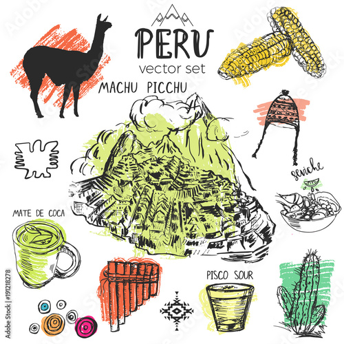 Set of hand drawn symbols of Peru. photo