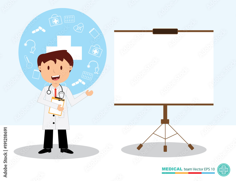 The professional medical team for health life concept with logo, little doctor boy, girl in gown suit and cartoon act - vector illustration Eps 10. The professional medical team for health life concept with logo, little doctor boy, girl in gown suit and cartoon act - vector illustration Eps 10.