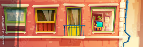 Vector cartoon illustration of house facade element, multistoried building, city apartments, outside wall with windows and balcony. Front view of brick dwelling with rain pipe and room inside