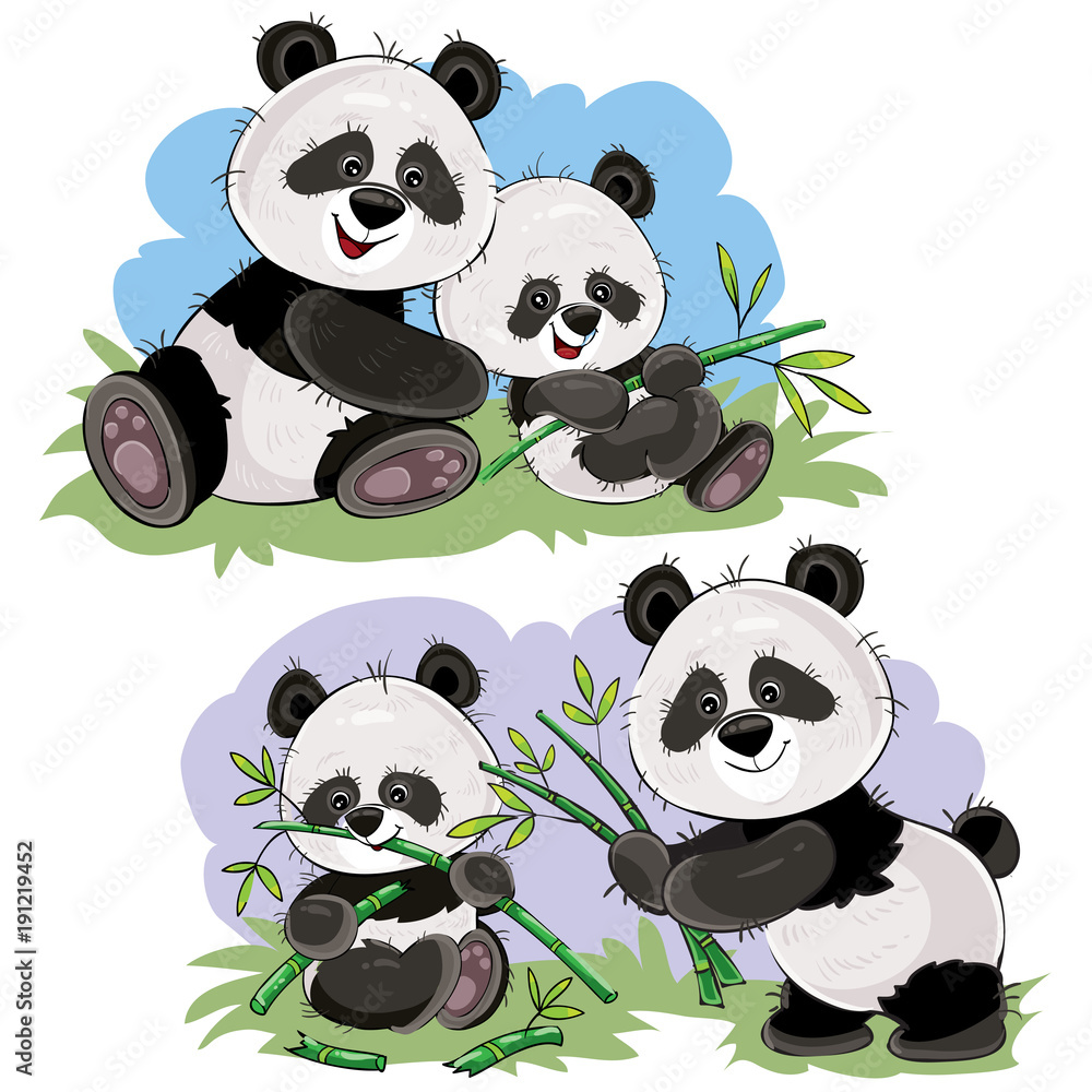Obraz premium Cute baby panda bear and its mother playing on grass, eating bamboo stems and leaves, vector cartoon illustration. Wild animal funny characters for kids books, t-shirt print, cards, posters for zoo