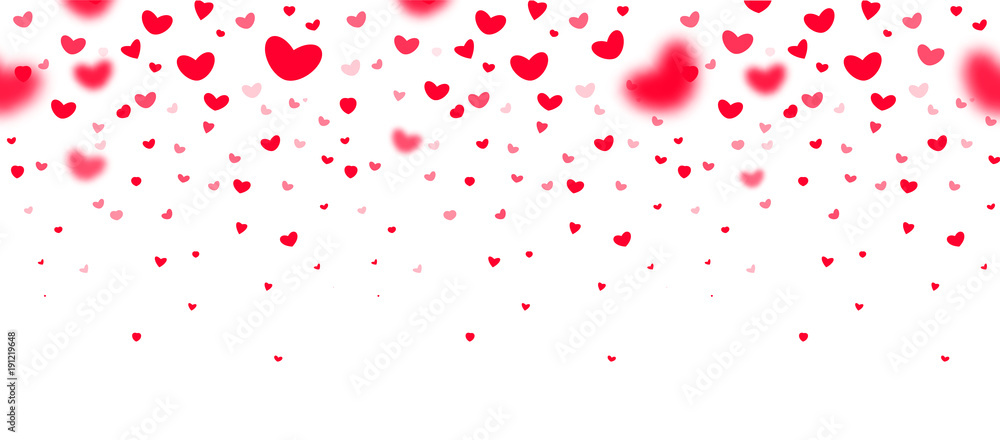 Lovely red falling hearts in focus and in defocus on white background, an excellent frame for greeting cards, valentines, wedding invitations. Vector seamless pattern love party template.