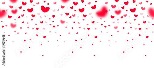 Lovely red falling hearts in focus and in defocus on white background, an excellent frame for greeting cards, valentines, wedding invitations. Vector seamless pattern love party template.