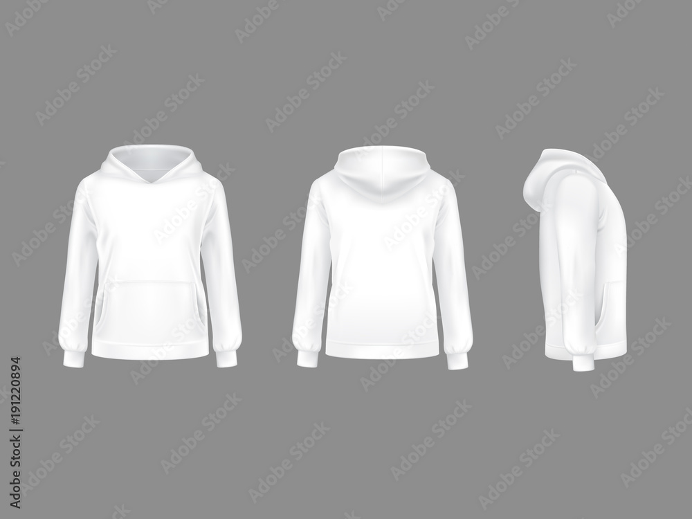 Vector hoodie sweatshirt white 3d realistic mockup template. Fashion