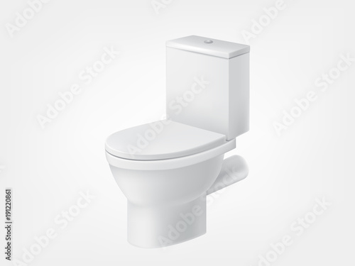 Vector toilet bowl with lid white mockup. 3d realistic home hygiene sanitary ceramic object, washroom wc lavatory interior, household cleaning product packaging design element. Isolated illustration