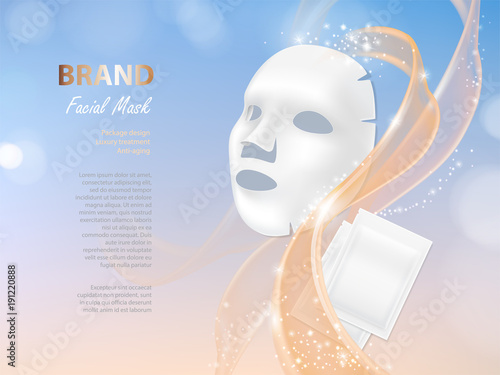 Vector cosmetic banner with 3d realistic vector facial mask and white package for it isolated on colorful background. Skincare, anti-aging beauty product for face treatment. Mockup for brand design