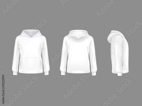 Vector hoodie sweatshirt white 3d realistic mockup template. Fashion long sleeve clothing hooded pullover front side back view. Illustration grey background. Woman man unisex cotton apparel sportswear